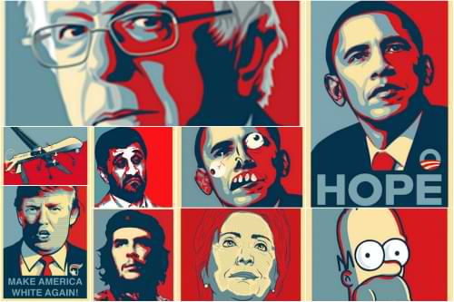 A collection of people--Bernie Sanders, Hillary Clinton, Homer Simppson, Donald Trump--presented in the style of Obama Hope