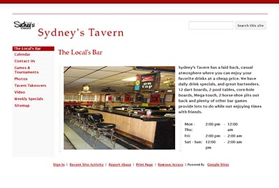 Screenshot of Sydney's Tavern Website