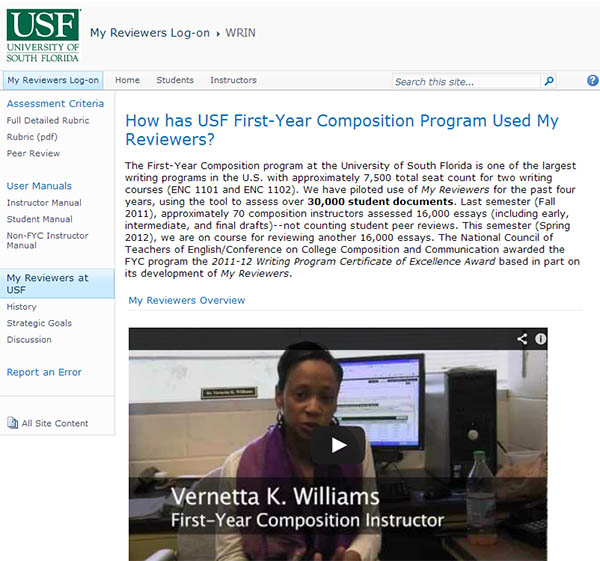 Screenshot of USF reviewer site