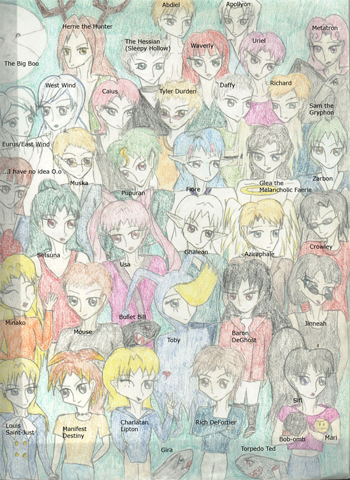 Figure 1: A drawing of the characters Kate included in her version of Everyman. Click the X at top right to further enlarge the image.