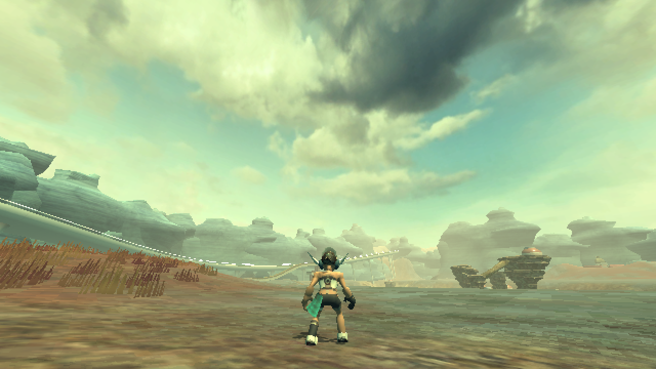 A screenshot depicting the main character in Melos Han-Tani and Marina Kittaka's game Anodyne 2. The character is standing before a large grey and green sky.