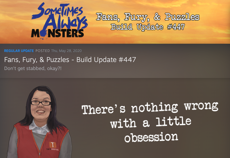 A screenshot from game developer Justin Amarkani's news update with the title 'Fans, Fury, & Puzzles - Build Update #447'