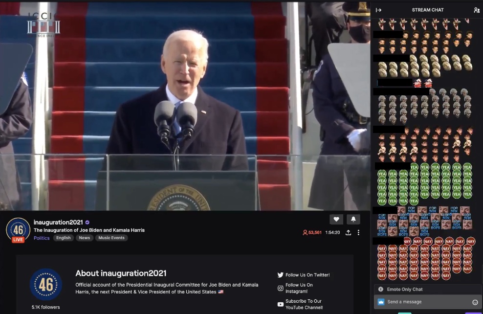 A screenshot of President Joe Biden's inauguration address that was livestreamed on Twitch and featured an emote-only chat on January 20, 2021. The screenshot shows Biden at a podium, and the right side of the image shows emotes such as “VoteYea,” “VoteNay” and “forsenBoys” in a vertical chat window.