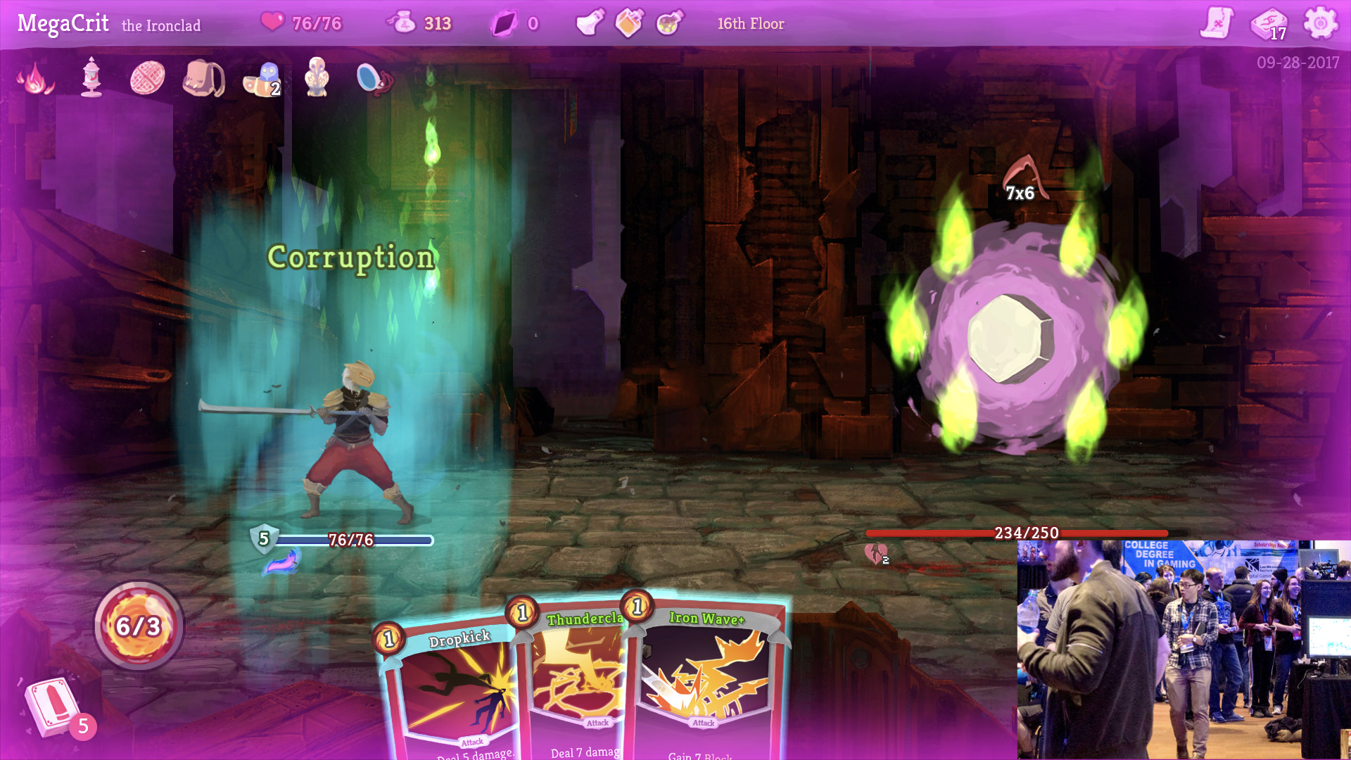 A composite screenshot of the game Slay the Spire and co-developer Casey Yano (bottom right). Two characters are facing each other in battle and the large text reads 'Corruption'