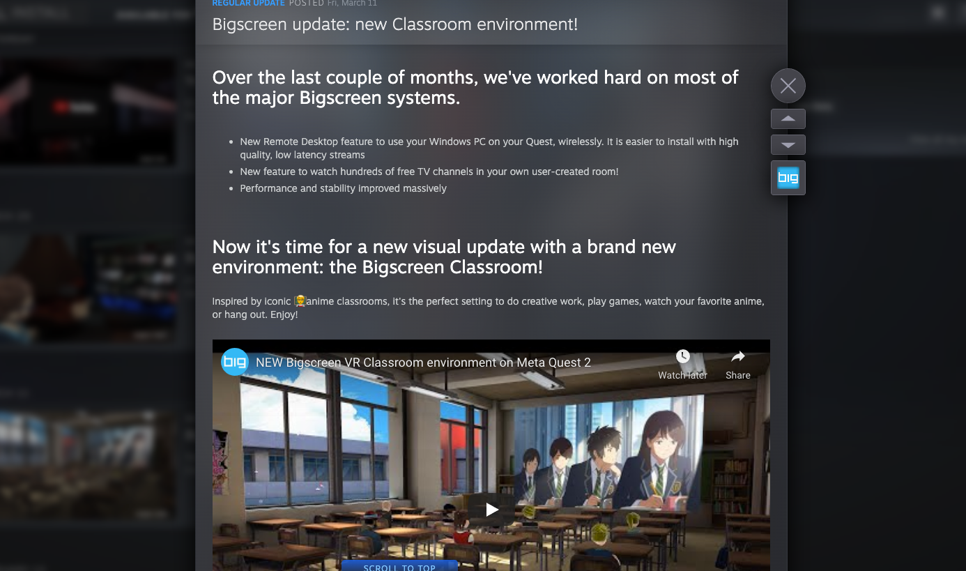 This image is a screenshot showing a development update from Bigscreen, the development team behind the virtual reality application <cite>Bigscreen Beta</cite>. Two sentences in large font state the following updates to the application:'Over the last couple of months, we’ve worked hard on most of the major Bigscreen systems' and 'Now it’s time for a new visual update with a brand new environment: the Bigscreen Classroom!” The bottom of the screenshot displays a YouTube video with the title 'NEW Bigscreen VR Classroom environment on Meta Quest 2.'