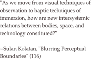 "As we move from visual techniques of observation to haptic techniques of immersion, how are new intersystemic relations between bodies, space, and technology constituted?"--Sulan Kolatan, "Blurring Perceptual Boundaries" (116) 