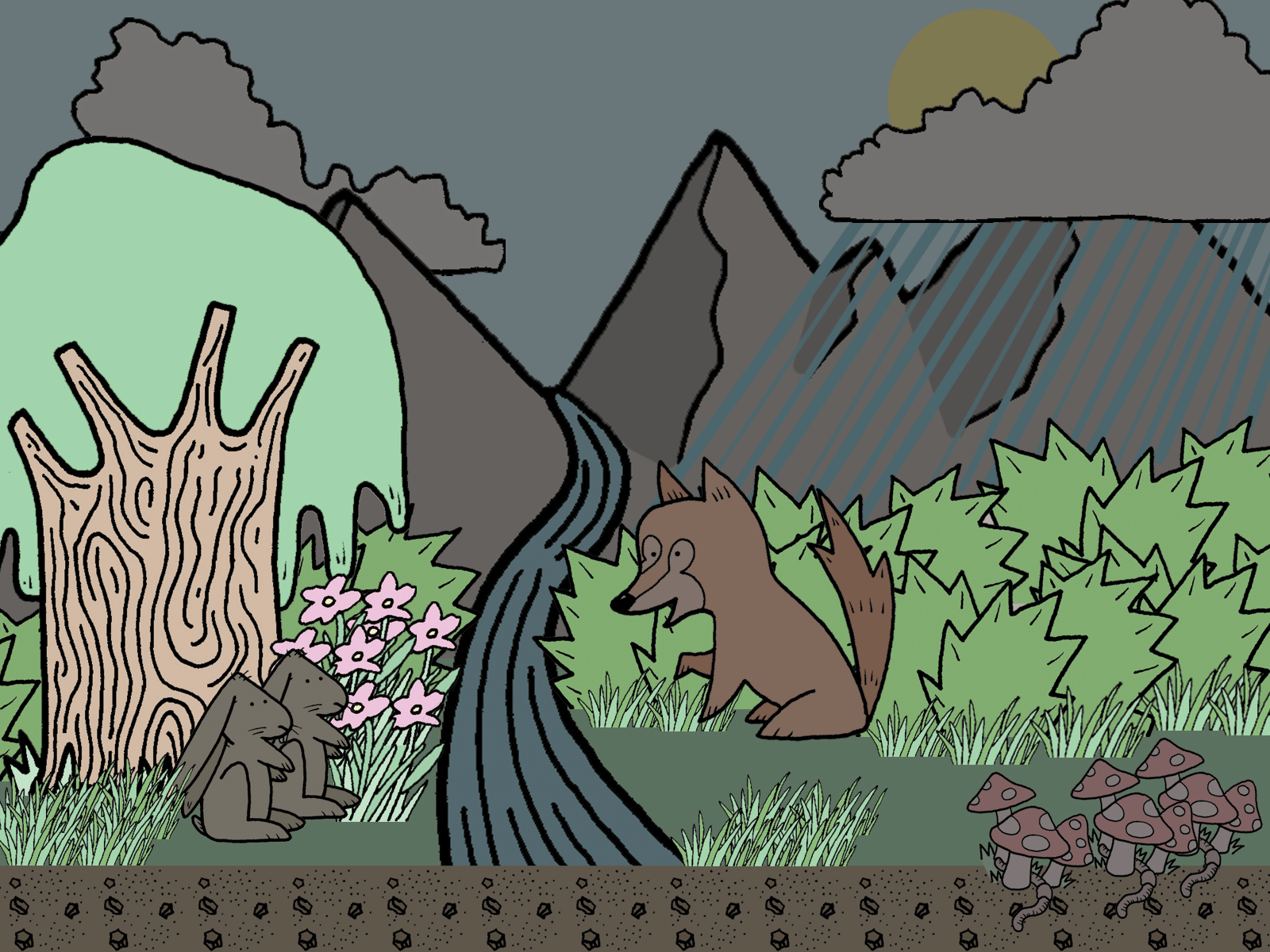 Cartoon representation of a forest with plants and animals, highlighting an analogy between plants (trees and flowers) and writing program curricula.