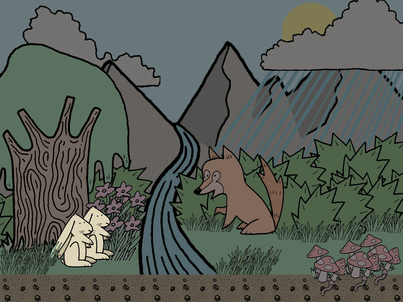 Cartoon representation of a forest with plants and animals, highlighting an analogy between herbivores (rabbits) and writing program pedagogical training.