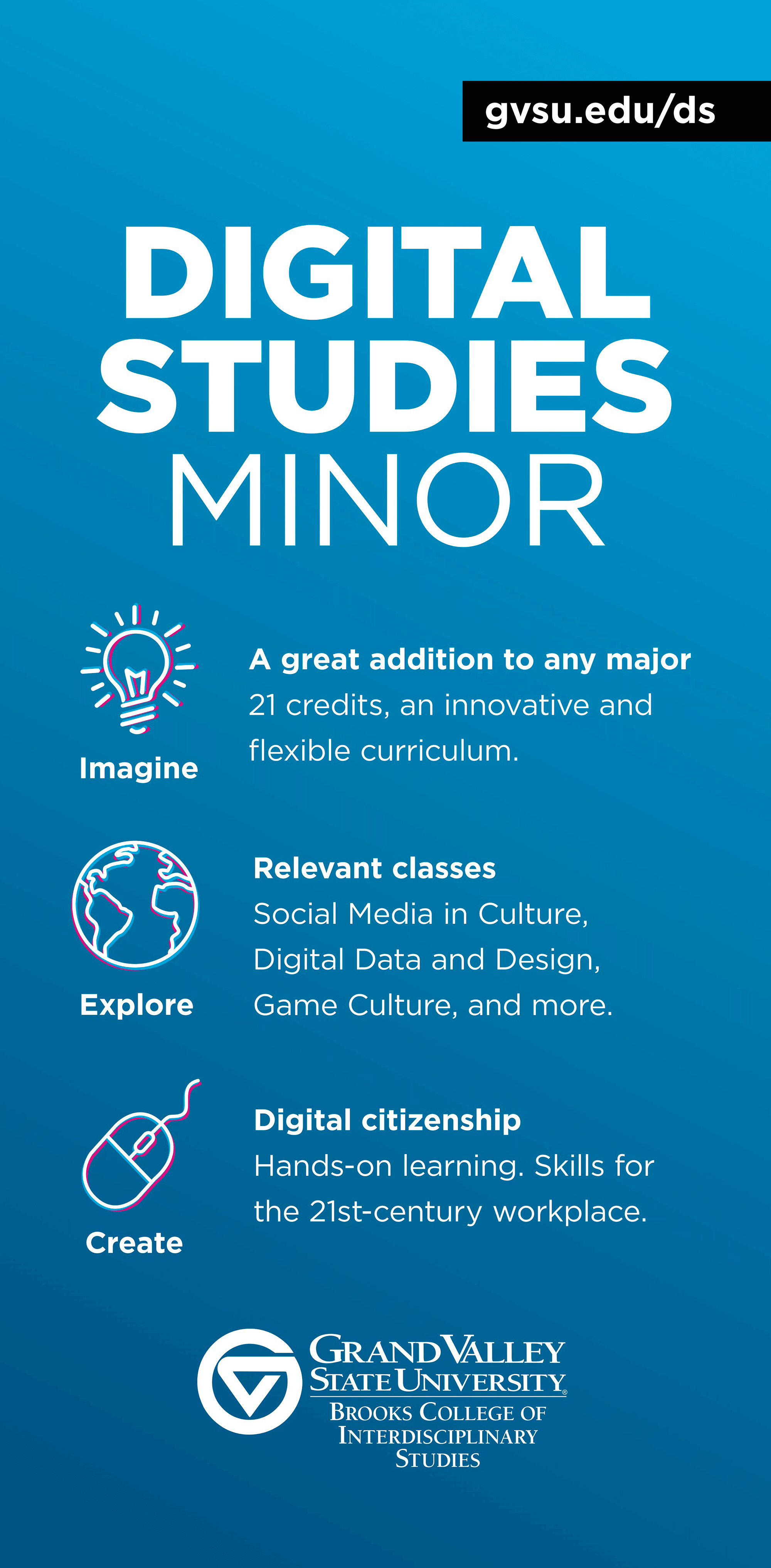 Figure 3. This image presents a promotional banner that advertises the Digital Studies Minor at Grand Valley State University, including icons for key elements Imagine, Explore, Create.