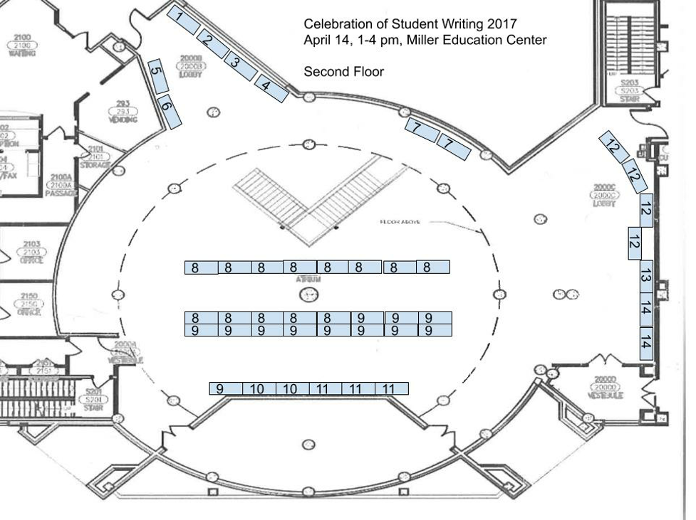 Figure 1: The Middle Tennessee State University 2017 Celebration of Student Writing Map, Permeated By Flatness. A floor plan of the Second Floor of the Miller Education Center shows doorways, walls, and support beams. Several rectangular boxes represent tables in the locations where they were set up for the event.