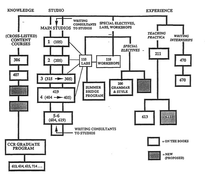 Figure 5. Writing Program Curriculum (Tree). In this tree diagram, rectangles represent courses clustered into three areas: knowledge, studio, and experience.