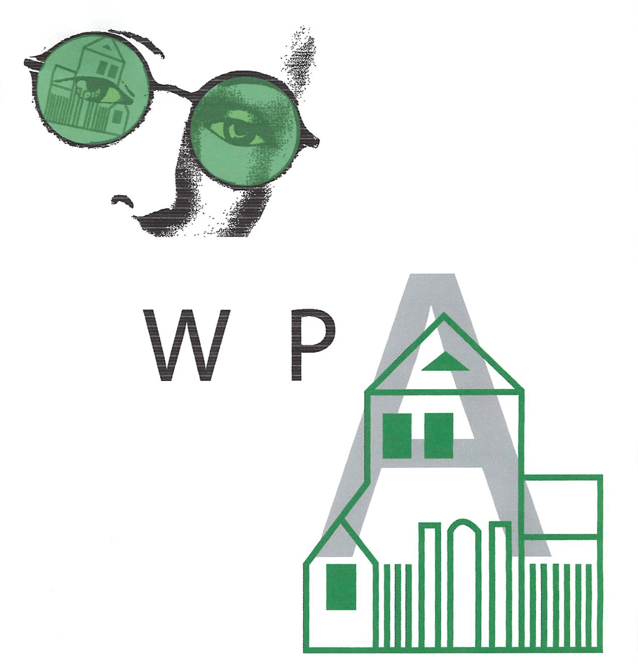 Figure 11. Administration as a Design Art. A collage shows the face of a person wearing classes. In one lens, a building, representing an institution, is reflected (outlined). The center of the collage has the letters WPA, an acronym for Writing Program Administrator. In the lower right, the A is set with a larger typeface and integrated with an outline of a building--the same building reflected in the lens of the human figure at the top of the collage.