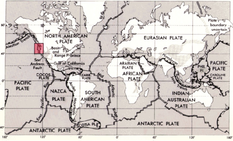 Figure 4. Map of tectonic plates drawn over a global map of the continents.