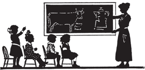 a decorative image portraying students in a classroom, seated in desks before a chalkboard, at which a teacher stands. 