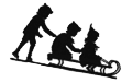 a decorative image of three children on a sled