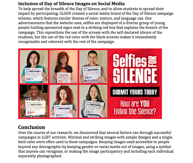 Figure 1.2: A GLSEN Promotional Ad that Terrence and Lena Analyzed. The ad features individuals holding signs as part of a selfies for silence campaign. The signs state how they are ending the silence