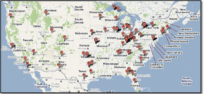 This is an image showing the locations in the United States that respondents to the survey hailed from. 
Many respondents came from the Midwest, but there were respondents from throughout the continental US.