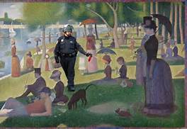 Figure 8 A meme created from the Georges Seurat painting A Sunday Afternoon on the Island of La Grand Jatte. The original painting is peaceful and idyllic, with many people enjoying a pleasant day, staring at the water. In the meme, the pepper-spraying cop casually sprays the people in the painting.