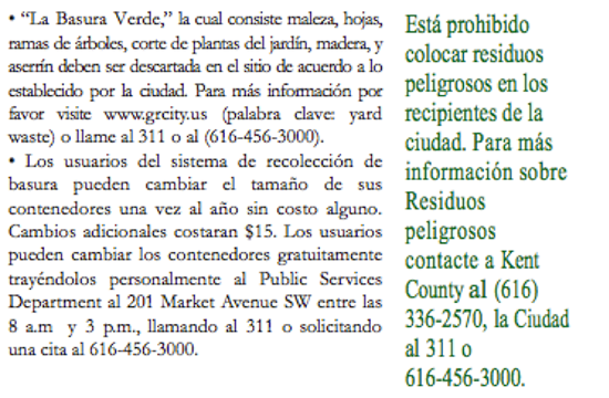 Screenshot of Spanish language text about hazardous waste disposal