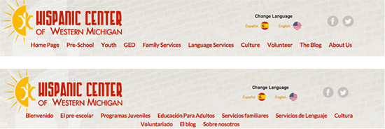Spanish and English language versions of
          the Hispanic Centern of Western Michigan website