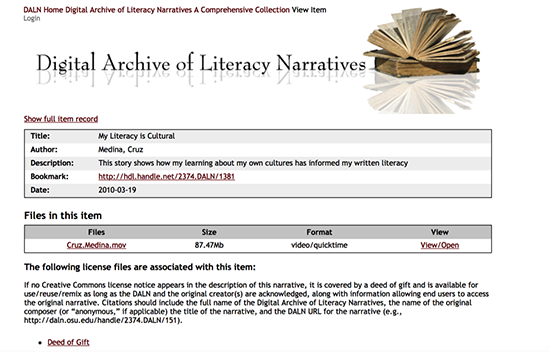 Screenshot of The Digital Archive of Literacy Narratives