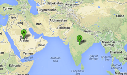 Map showing Saudi Arabia and India
