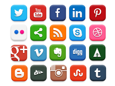 Grid of button icons for popular social media sites: Twitter, YouTube, Facebook, LinkIn, Pinterest, Flickr, generic sharing icon, RSS, Skype, Dribble, Google+, Vimeo, Evernote, Digg, Forrst, Blogger, DeviantArt, Instagram, StumbleUpon, and Tumblr