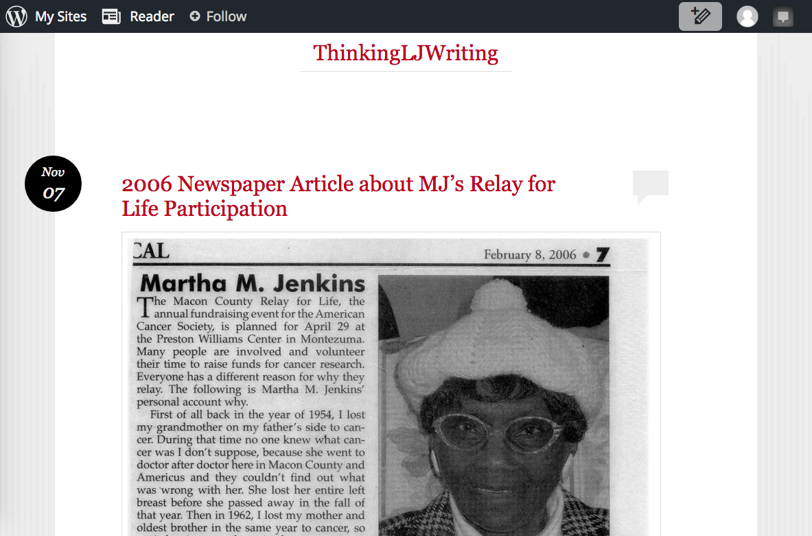 WordPress test site, built by Lillie. Shows sample blog post with title and embedded image of a newspaper article on MJ.