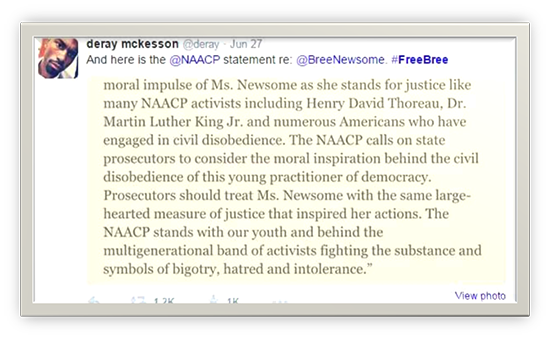 Example 1: Screenshot of tweet by DeRay Mckesson of the NAACP's statement on Bree Newsome