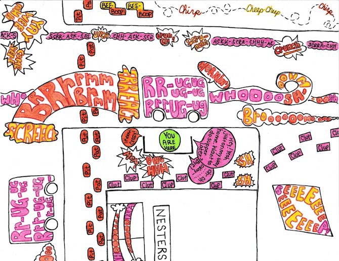 a color drawn map of a city intersection where sounds are represented with onomatopoeia words in different shapes and colors