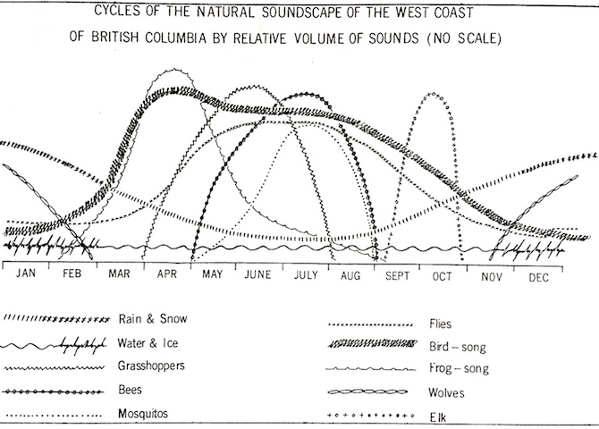 A line chart of the relative decibel levels of several animal species over the course of a year