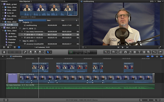 screen capture of video editing software showing Bump in the upper right hand corner in front of a microphone; file data is on the left, and a timeline is at the bottom