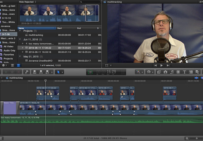 screen capture of video editing software showing Bump in the upper right hand corner in front of a microphone; file data is on the left, and a timeline is at the bottom
