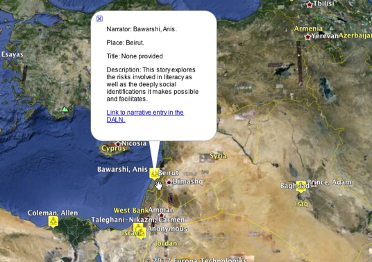 Google map image of the middle east with a marker pointing to Anis Bawarshi's literacy narrative.