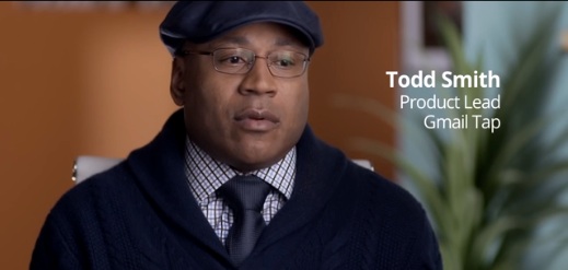 Screenshot from Gmail Tap video featuring LL Cool J as Product Lead Tood Smith