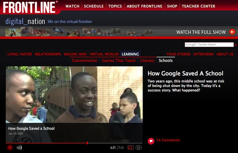 link to students explaining website visits in Digital Nation documentary