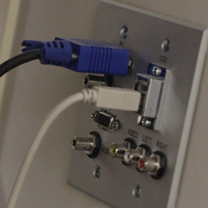 A jack in the wall reveals a wide range of connection options.