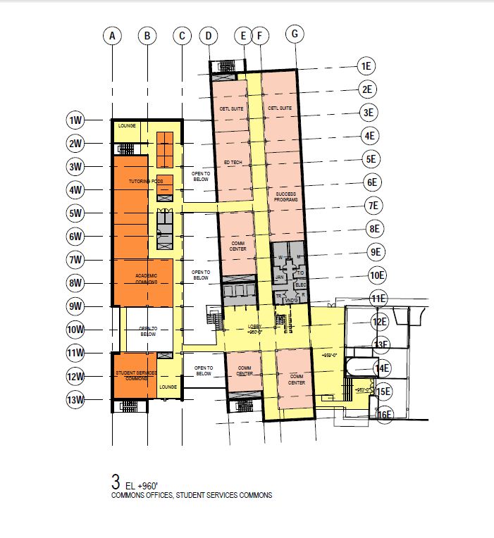 Blueprints of the studio with rooms numbered and color coordinated. Rooms along the west side of the building end with a “w.” (For example: 1W, 2W, 3W exc.) And rooms along the east side of the building end in “e.” 