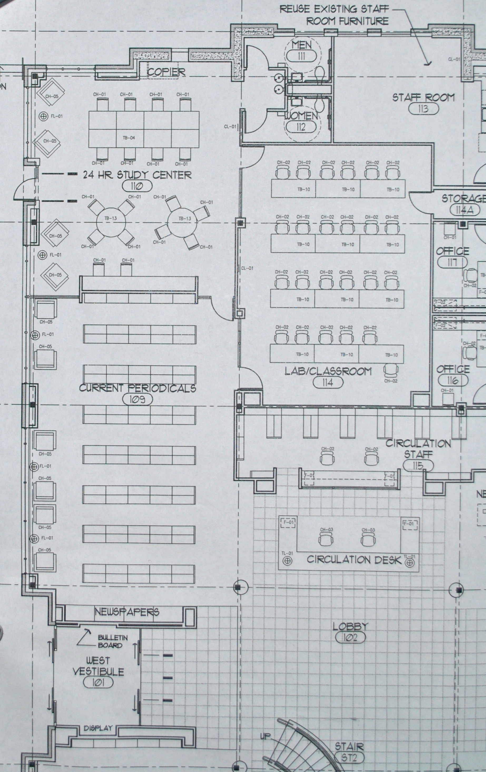 Blueprints show a mixture of classroom space and places for literature.
