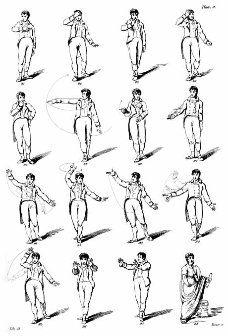 Plate 9 from Austin's "Chironomia" (1806). Sixteen  orators demonstrating the proper positioning of the body for different rhetorical effects.