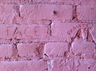 Graffiti: FACE Reality written in red ink on a dark pink brick wall.
