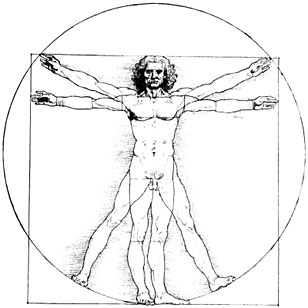 Leonardo da Vinci's "Vitruvian Man." Two overlapped drawings of a man displaying "perfect" proportions.