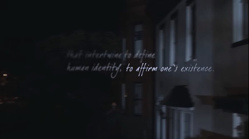 A dark night scene is shown. Open white captions appear in two handwritten lines against the dark background. The top line is blurred while the bottom line is partially blurred and partially clear. The clear part of the second line reads "to affirm one's existence." Put together, the captions in this image read "that intertwine to define human identity, to affirm one's existence."