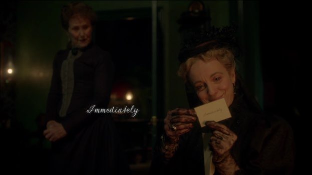 A woman in Victorian wear is reading a handwritten note and smiling. The word "Immediately" is handwritten on the note in front of her and again as visual text next to her.