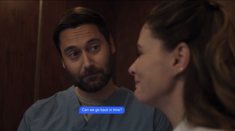 Max is looking at a smiling Elizabeth. A blue bubble appears between them that reads, "Can we go back in time?"