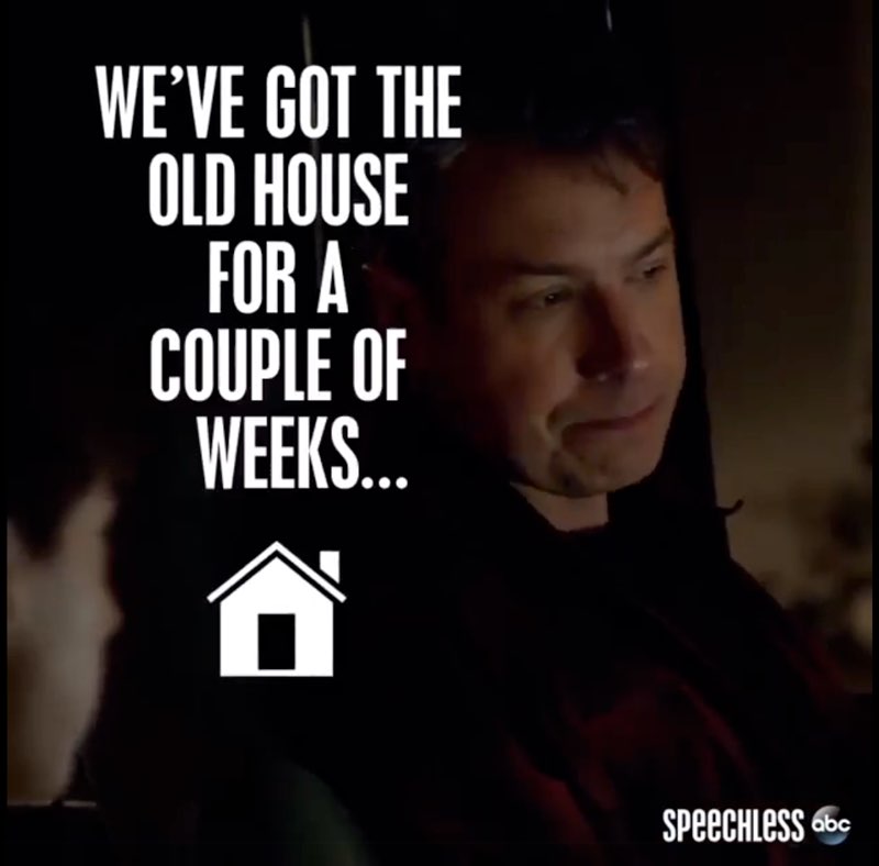 JJ's father speaks as white capitalized open captions appear next to him that read, "We've got the old house for a couple of weeks. . .". A white icon of a house appears below the text.