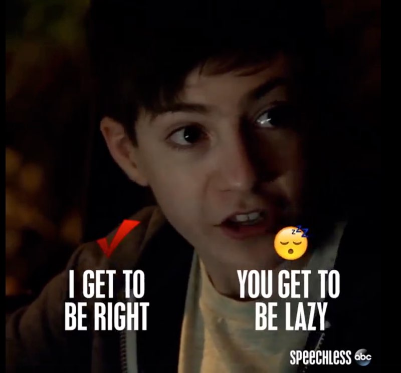 JJ's younger brother is talking. White capitalized open captions appear below his chin on both sides of the frame. The captions on the left say, "I get to be right" with a red checkmark above the text; the right-side captions show a snoring emoticon with, “You get to be lazy" in white.