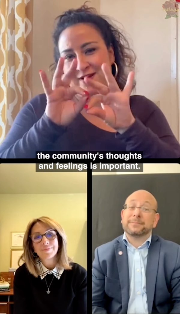 Three individuals are in this vertical video. Melissa Yingst is on the top half signing, “important”. A woman is in the bottom left video and a man is in the bottom right video. Subtitles are in the middle between all three screens reading, "the community's thoughts and feelings is important."