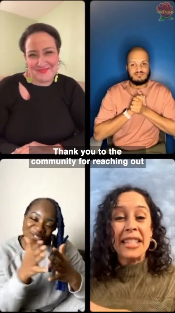 Four individuals are in this vertical video. Melissa Yingst in the top left and is smiling. A man is in the top right. A woman is in the bottom left signing and a woman is in the bottom right speaking. Subtitles are in the middle of the video. The subtitles read, "Thank you to the community for reaching out."